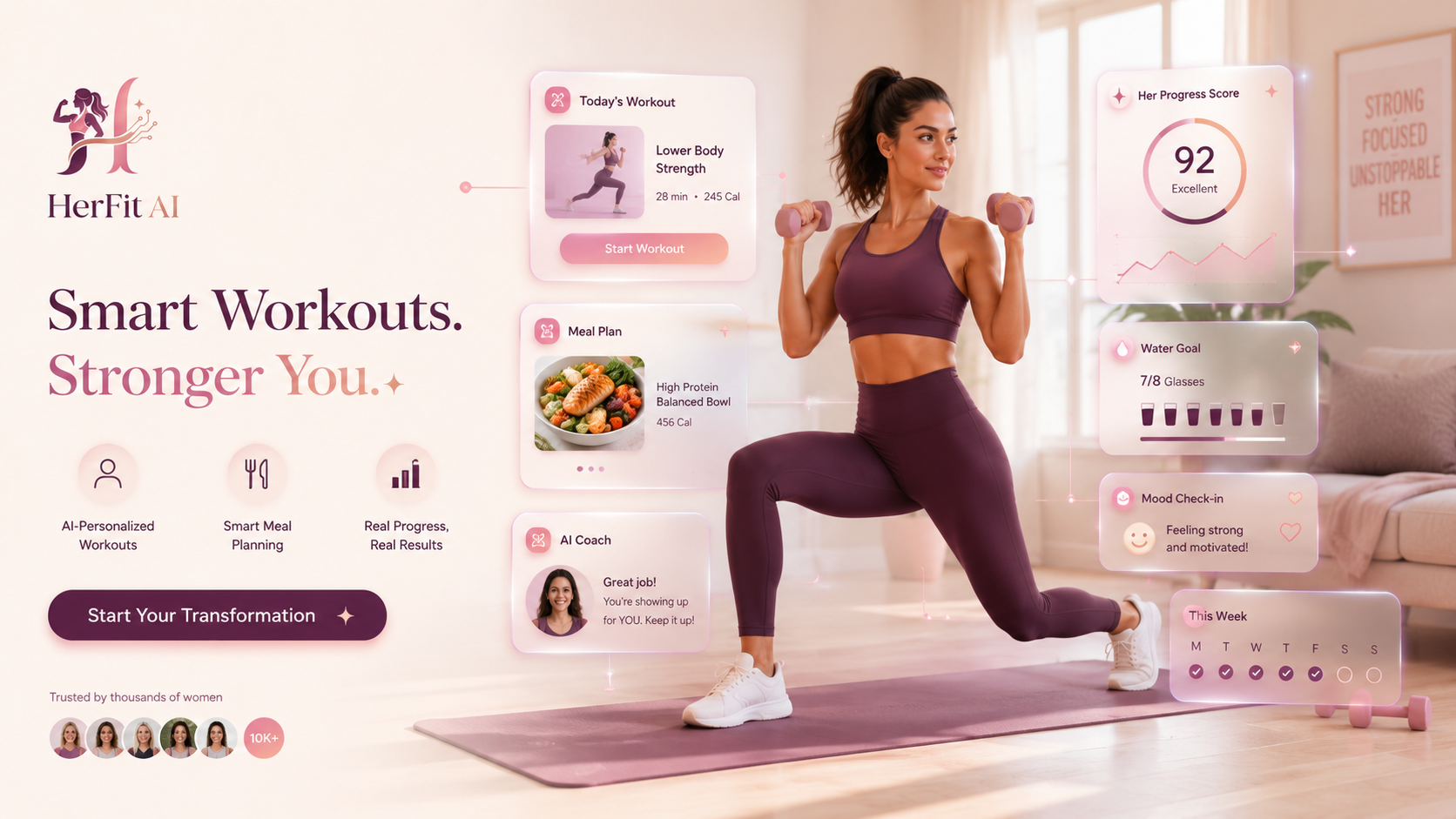 HerFitAI AI-powered at-home fitness app hero image showing a woman exercising with smart workout, meal plan, progress score, water goal, mood check-in, and AI coach dashboard cards.